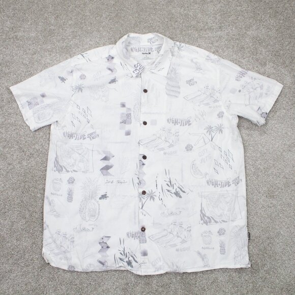 Hurley Camp Shirt Adult Large Doom Reverse Print Woven White/Gray S/S Button Up - Picture 1 of 16
